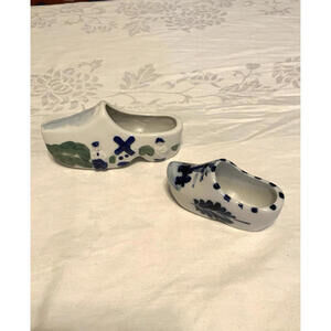 Delfts Blue Ceramic Dutch Clogs Shoes Hand Painted Blue Planter Vintage Lot of 2